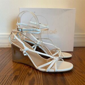 Chloé Women's Rebecca White Strappy Wedge Sandals Size 38.5/8.5 Braided Accents